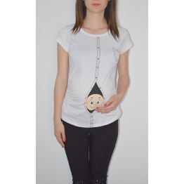 Блуза за бременни с щампа Бебе от цип в бяло