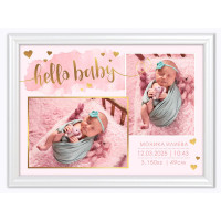 Персонализирана бебешка визитка с две снимки в бяла рамка 21/30 см розово
