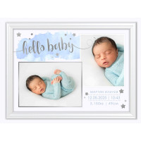 Персонализирана бебешка визитка с две снимки в бяла рамка 21/30 см синьо