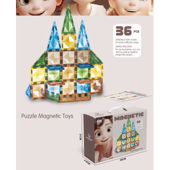 Детски магнитен конструктор Puzzle Magnetic Toys с 3D прозрачни цветни елементи (36 части)