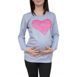 Спортна блуза за бременни в сиво с розово сърце