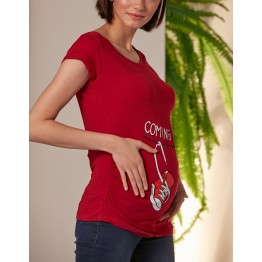 Блуза за бременни с щампа Coming Soon във вишна