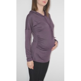 Блуза за бременни в тъмно лилаво с качулка