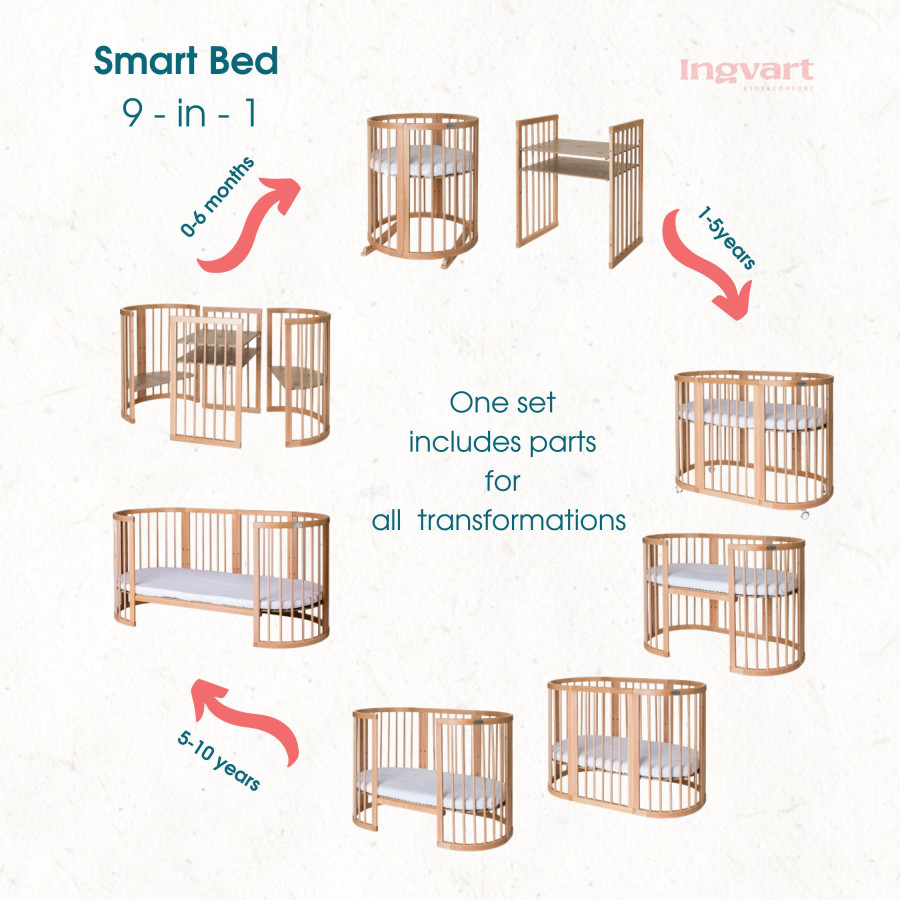 Трансформиращо легло 9в1 Smart 60x72/60x120/60x168см сиво Ingvart