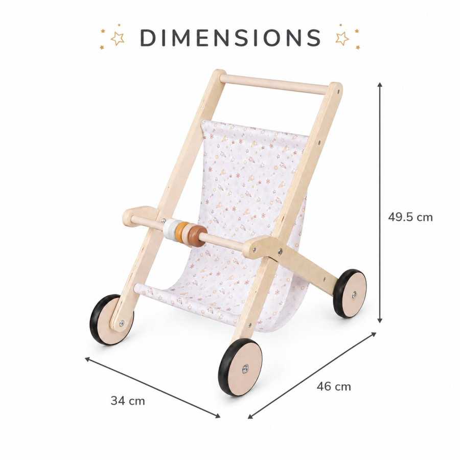 Детска дървена количка за кукли с текстилен кош 34x46x49.5 см