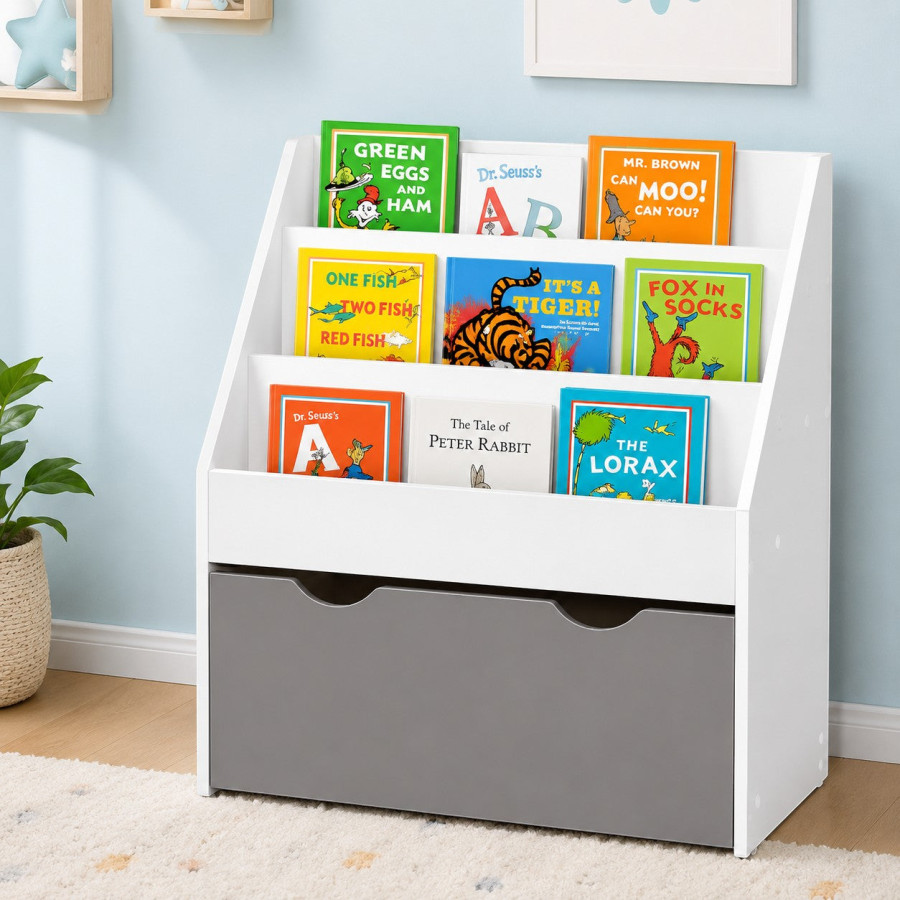 Детска етажерка за книги на Колелца бяла 63×30×70 см