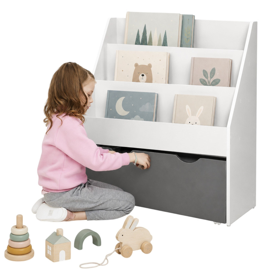 Детска етажерка за книги на Колелца бяла 63×30×70 см