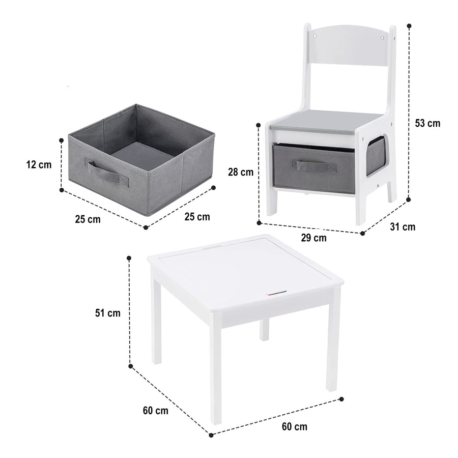 Двустранна детска маса с 2 столчета от дърво White/Grey