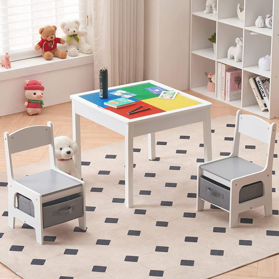 Двустранна детска маса с 2 столчета от дърво White/Grey