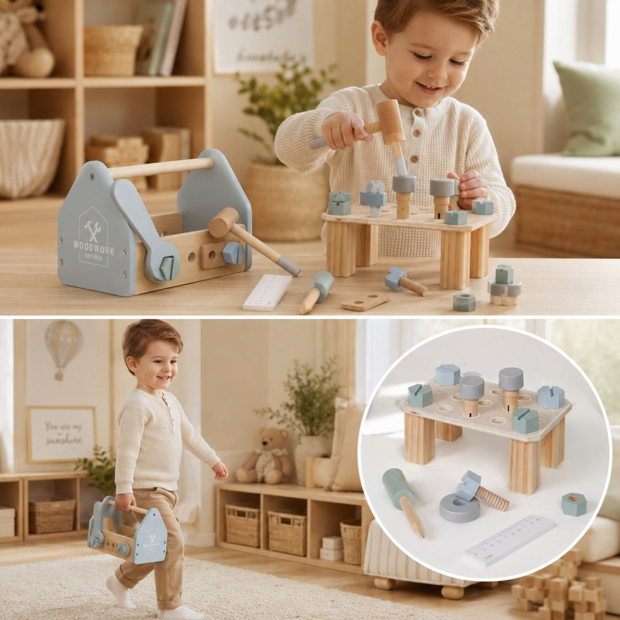 Детска дървена кутия с инструменти 22 части синя 22x13x14 см