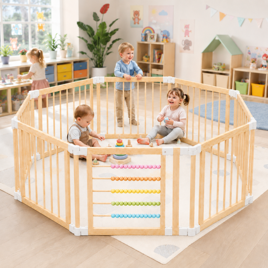 Детска дървена кошара за игра с вратичка и защитно заключване 140x140x61 см