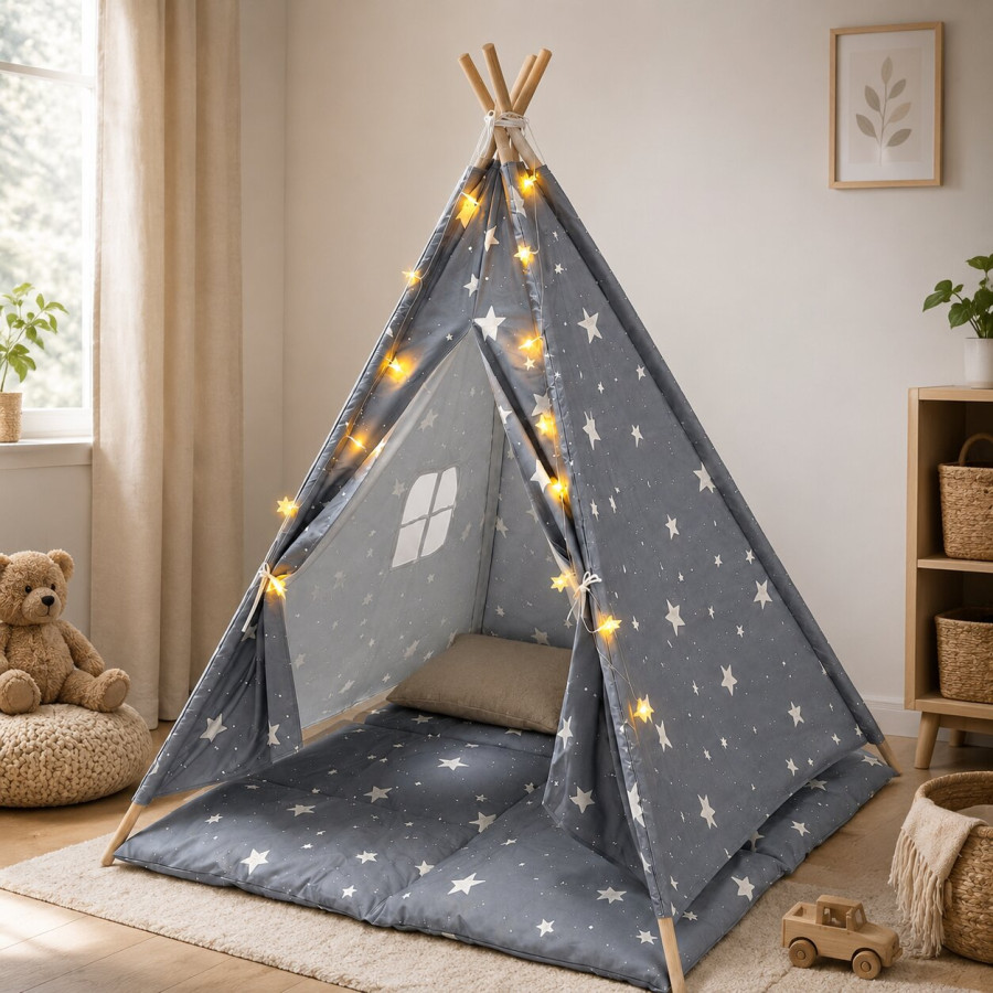 Детска палатка Little Stars сива със звезди 120x120x160 см