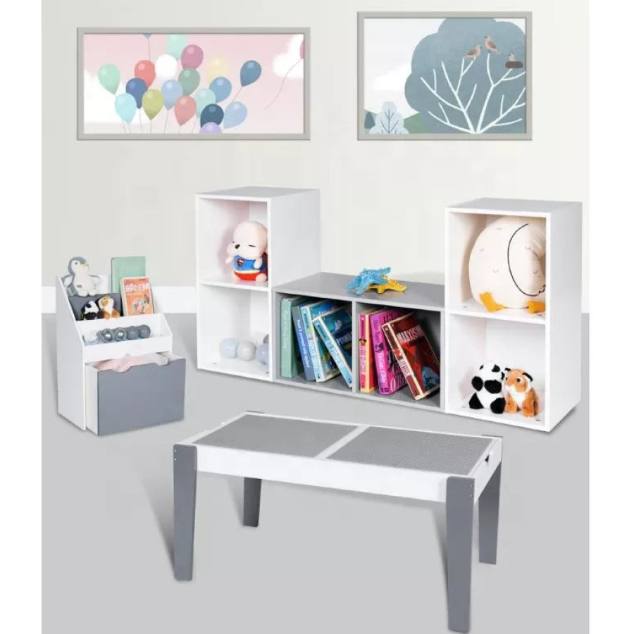 Дървен органайзер с етажерка и ракла на колелца бяло и сиво