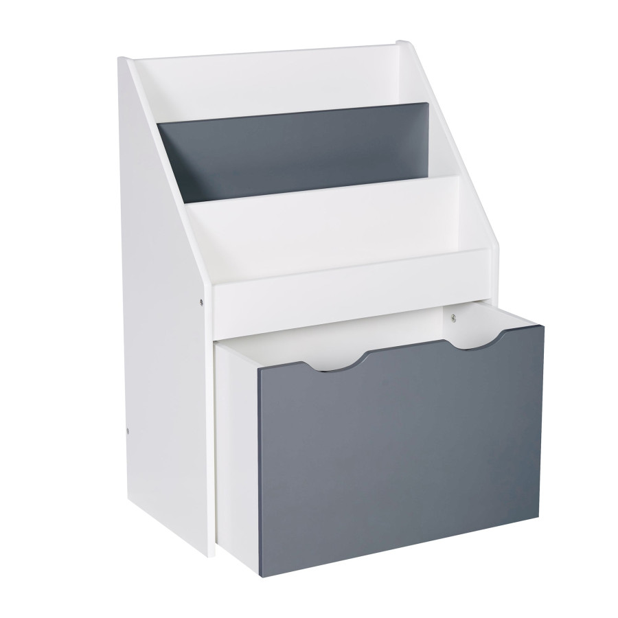 Дървен органайзер с етажерка и ракла на колелца бяло и сиво