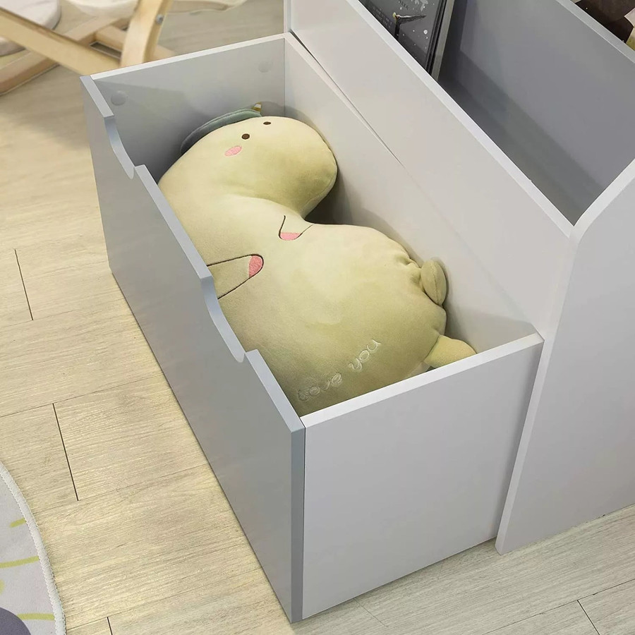 Дървен органайзер с етажерка и ракла на колелца бяло и сиво