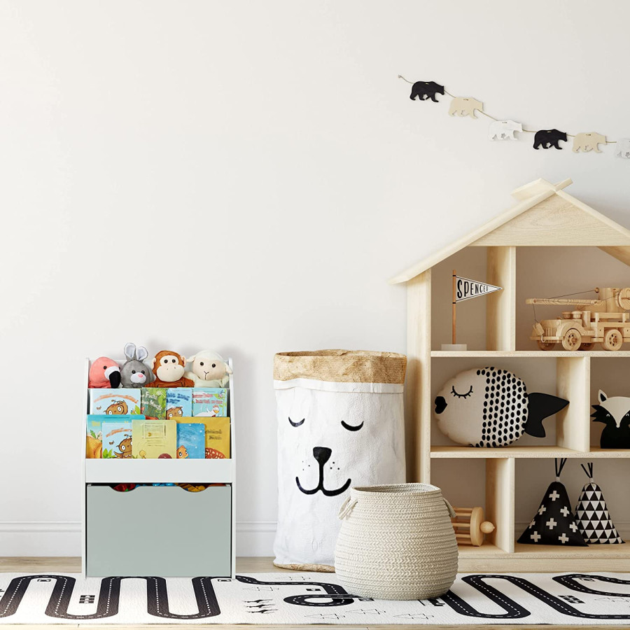 Дървен органайзер с етажерка и ракла на колелца бяло и сиво