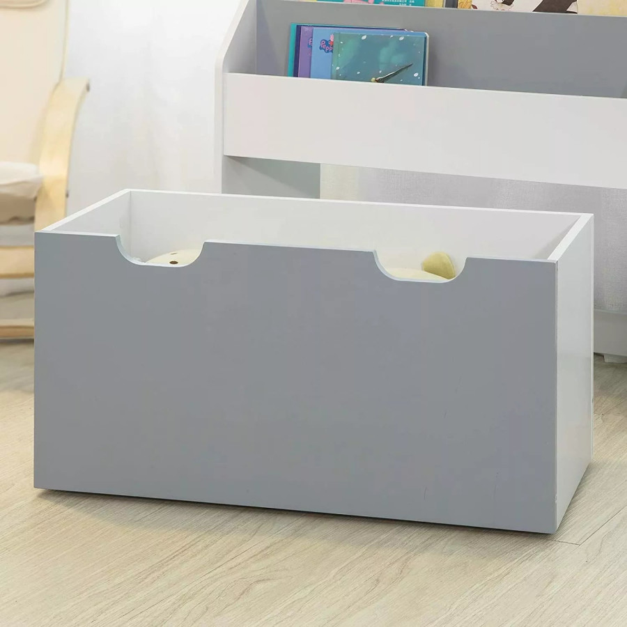 Дървен органайзер с етажерка и ракла на колелца бяло и сиво