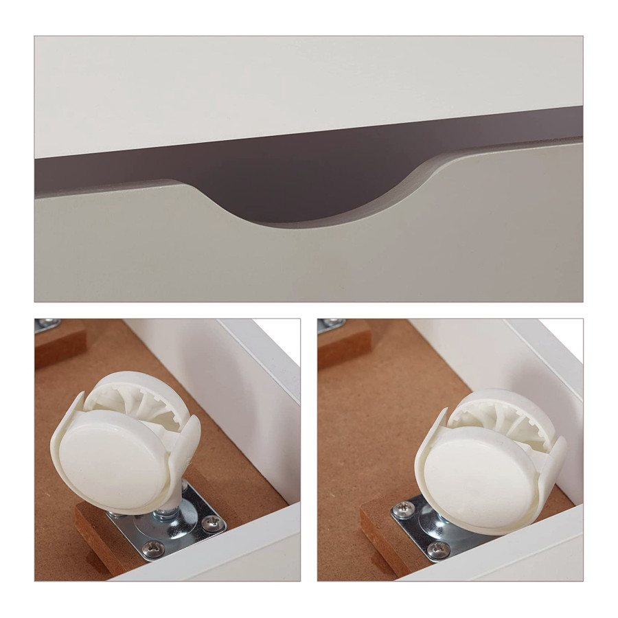 Дървен органайзер с етажерка и ракла на колелца бяло и сиво