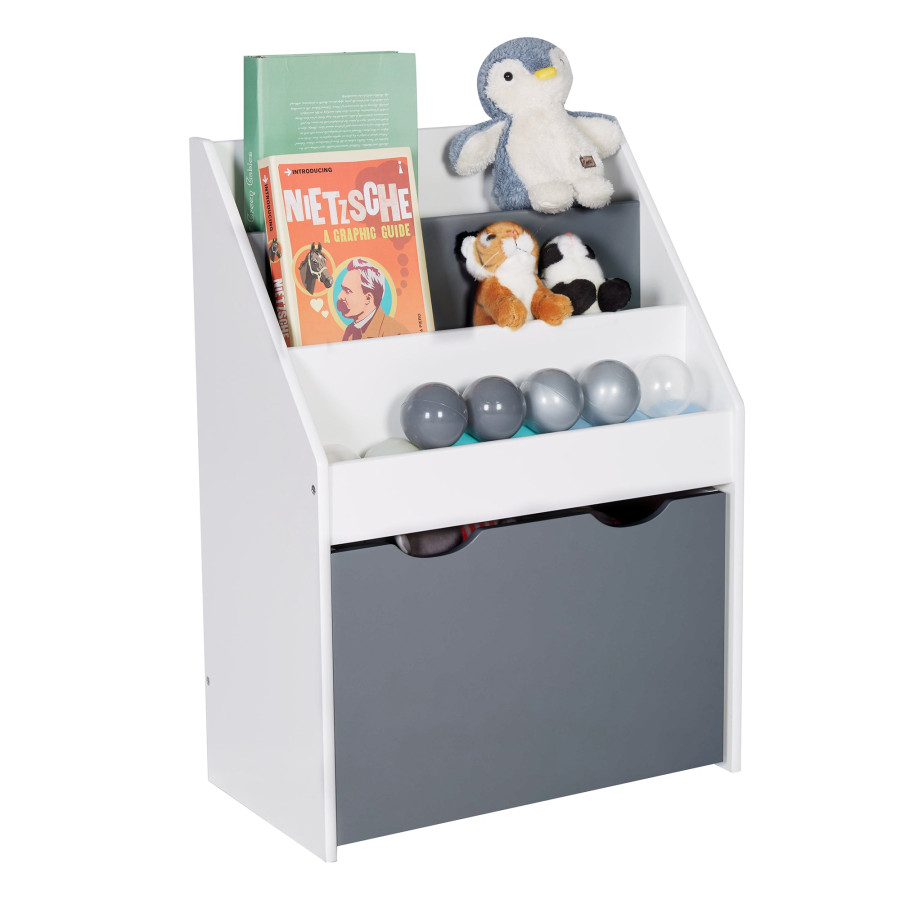 Дървен органайзер с етажерка и ракла на колелца бяло и сиво