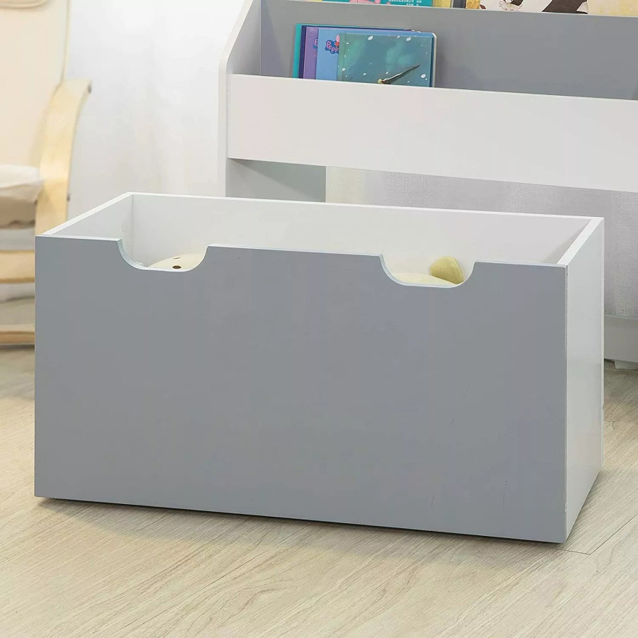 Дървен органайзер с етажерка и ракла на колелца бяло и сиво