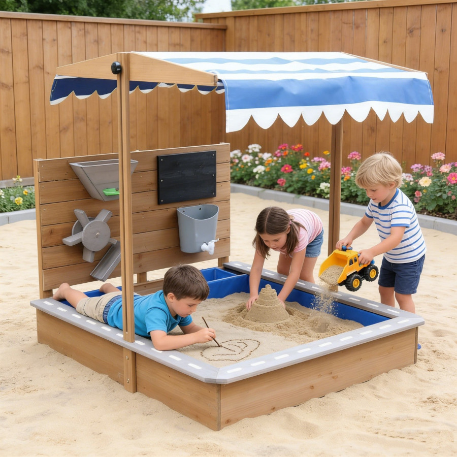 Пясъчник с регулируем покрив и аксесоари пясъчна мелница, писта за колички 103x114x110 см