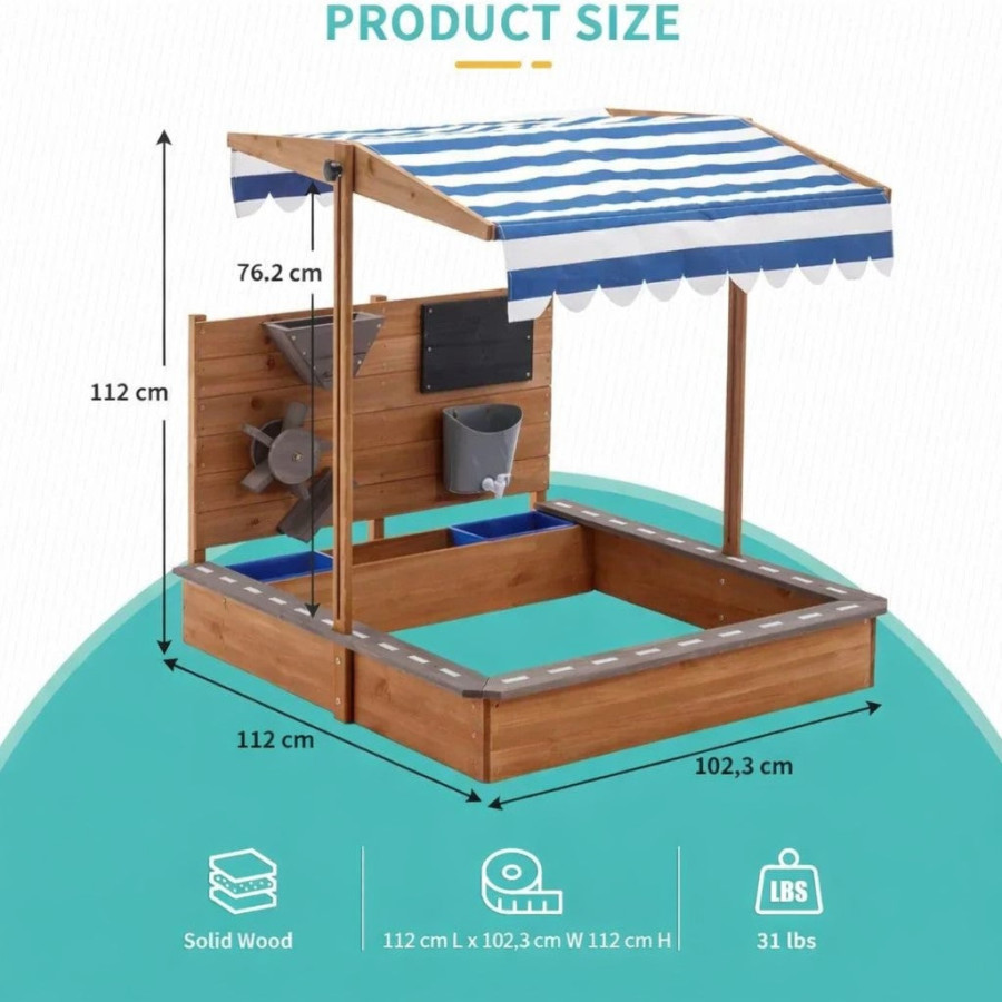 Пясъчник с регулируем покрив и аксесоари пясъчна мелница, писта за колички 103x114x110 см