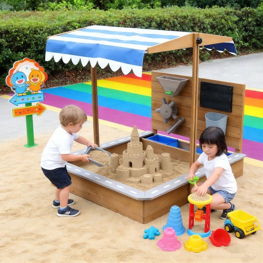 Пясъчник с регулируем покрив и аксесоари пясъчна мелница, писта за колички 103x114x110 см