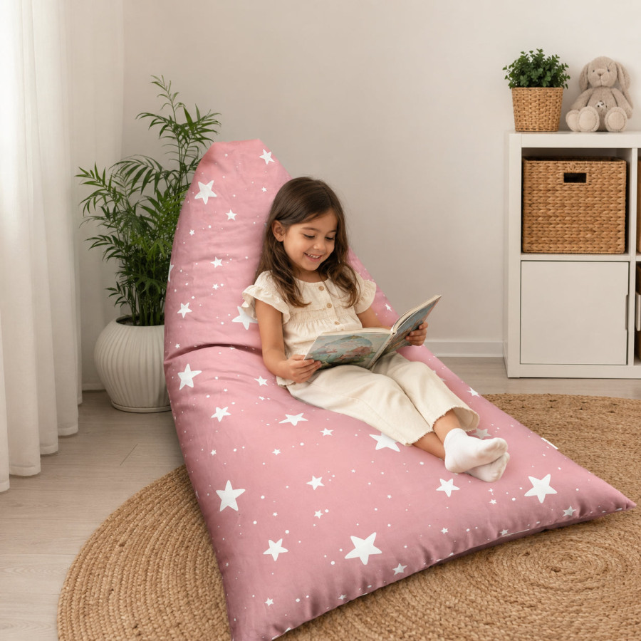 Детски пуф лежанка розов барбарон Little Star със звезди 100% памук 127x81x76 см