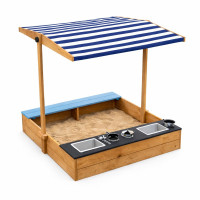 Дървен пясъчник 3в1 с кухня, пейка и сенник с UV защита 110x114x110 см