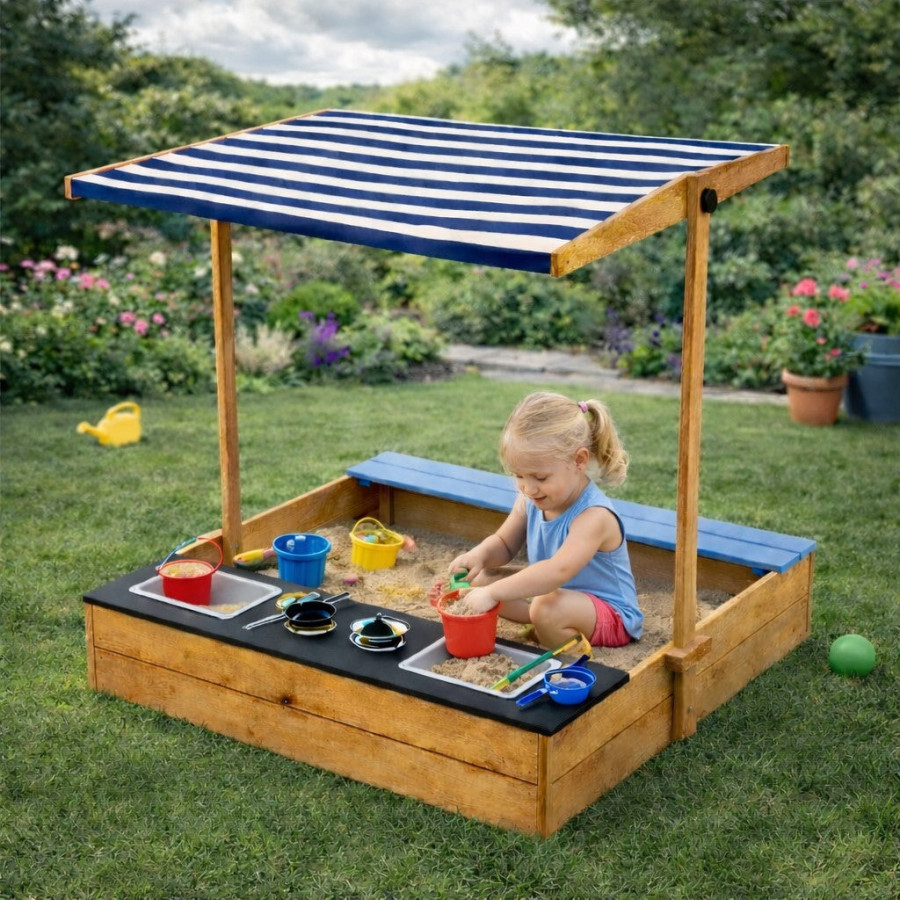 Дървен пясъчник 3в1 с кухня, пейка и сенник с UV защита 110x114x110 см