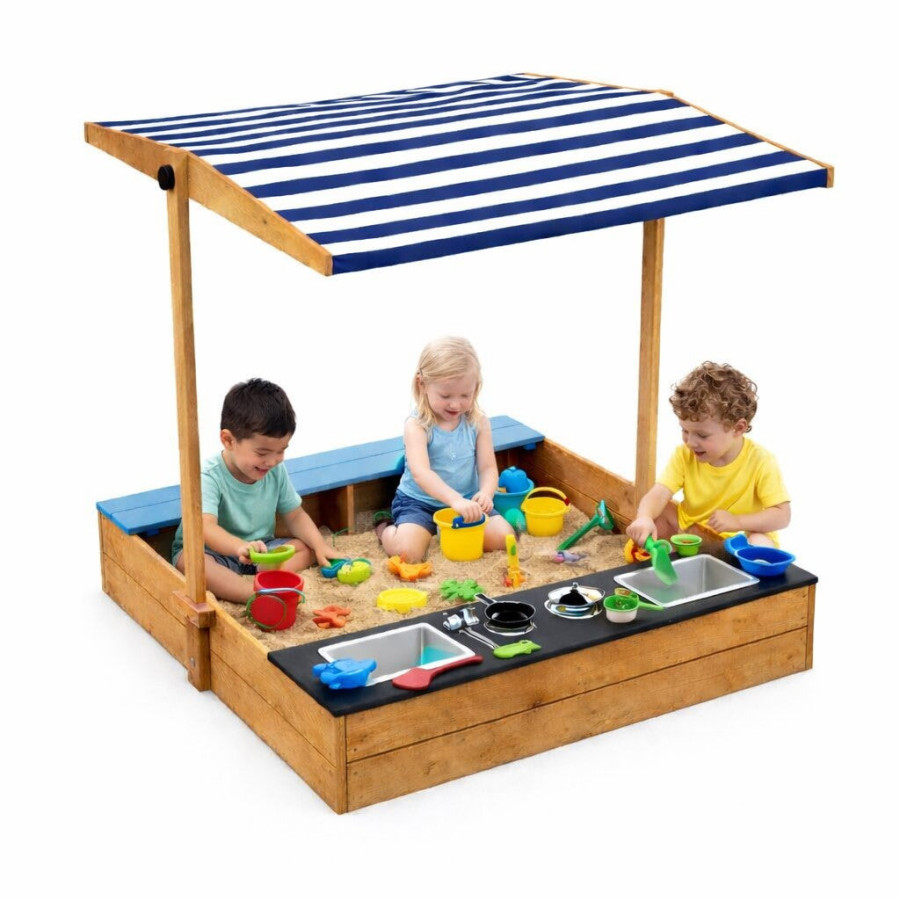 Дървен пясъчник 3в1 с кухня, пейка и сенник с UV защита 110x114x110 см