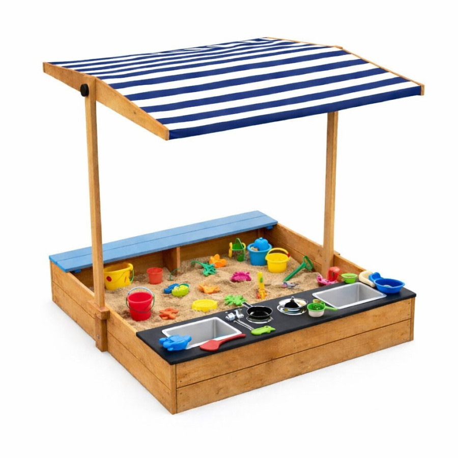 Дървен пясъчник 3в1 с кухня, пейка и сенник с UV защита 110x114x110 см