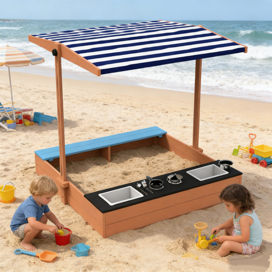 Дървен пясъчник 3в1 с кухня, пейка и сенник с UV защита 110x114x110 см