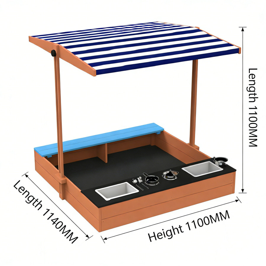 Дървен пясъчник 3в1 с кухня, пейка и сенник с UV защита 110x114x110 см