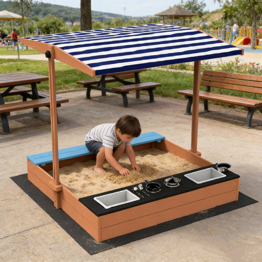 Дървен пясъчник 3в1 с кухня, пейка и сенник с UV защита 110x114x110 см