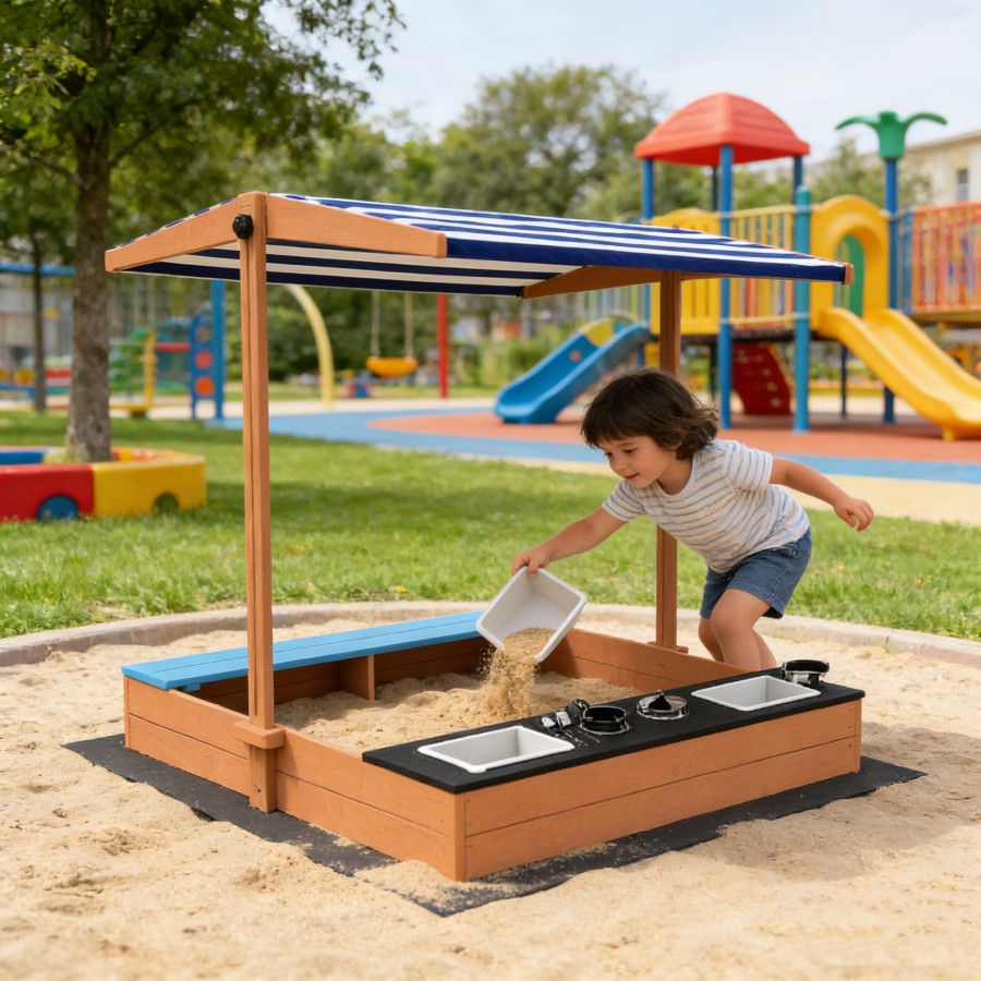 Дървен пясъчник 3в1 с кухня, пейка и сенник с UV защита 110x114x110 см