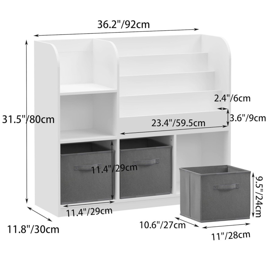 Дървена етажерка с рафтове и с 3 текстилни кутии бяла