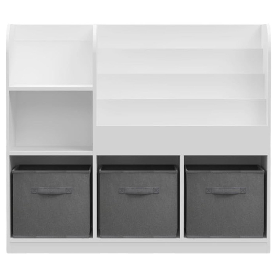 Дървена етажерка с рафтове и с 3 текстилни кутии бяла