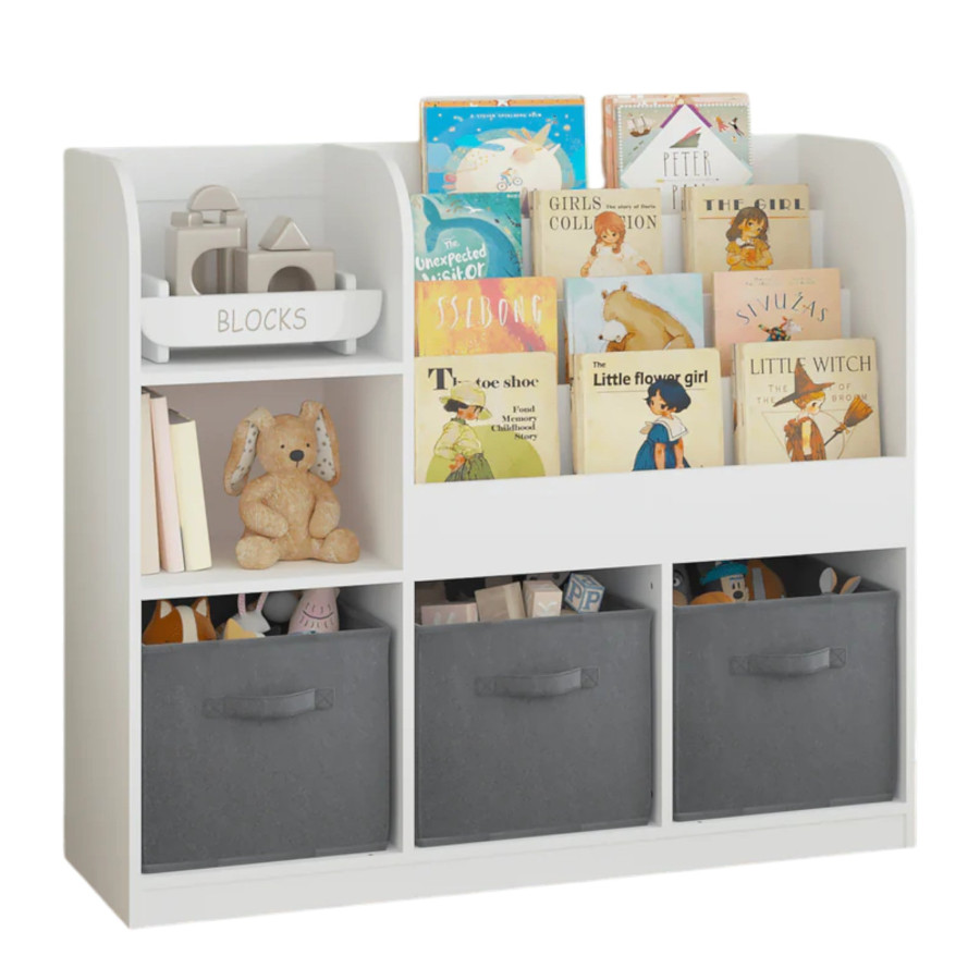 Дървена етажерка с рафтове и с 3 текстилни кутии бяла