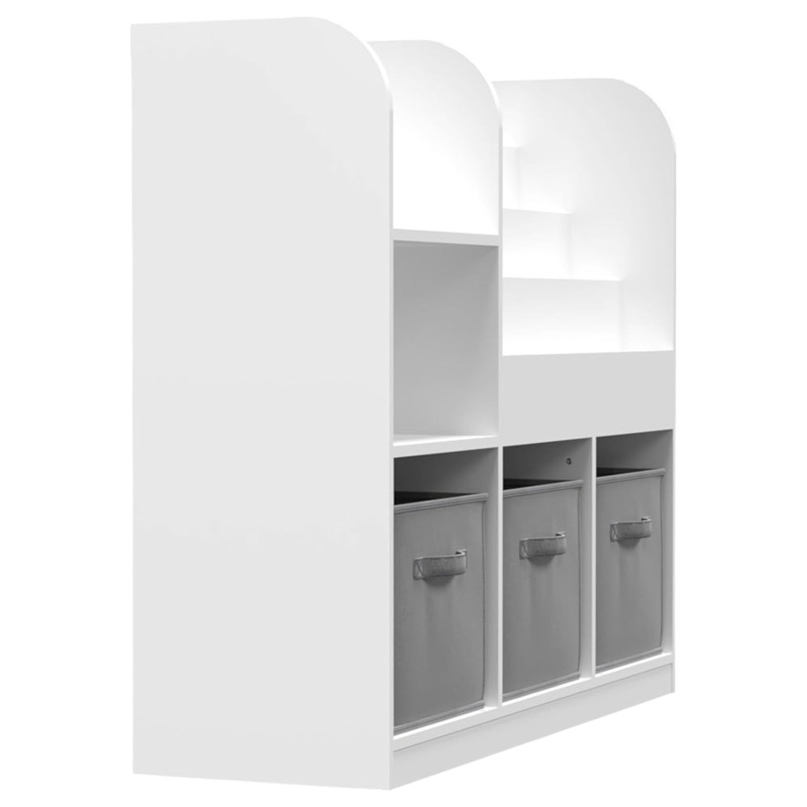 Дървена етажерка с рафтове и с 3 текстилни кутии бяла