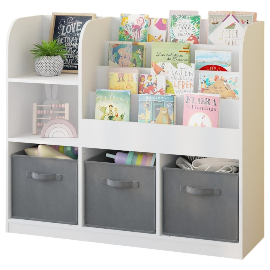 Дървена етажерка с рафтове и с 3 текстилни кутии бяла