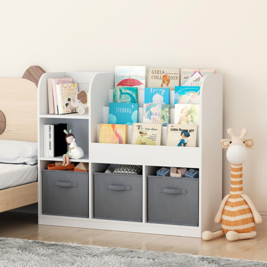 Дървена етажерка с рафтове и с 3 текстилни кутии бяла