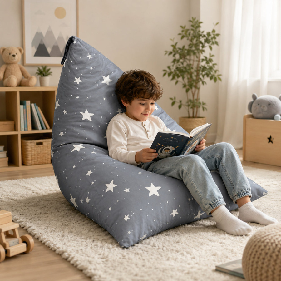 Детски пуф лежанка Little Stars сив барбарон със звезди от 100% памук 127x81x76 см