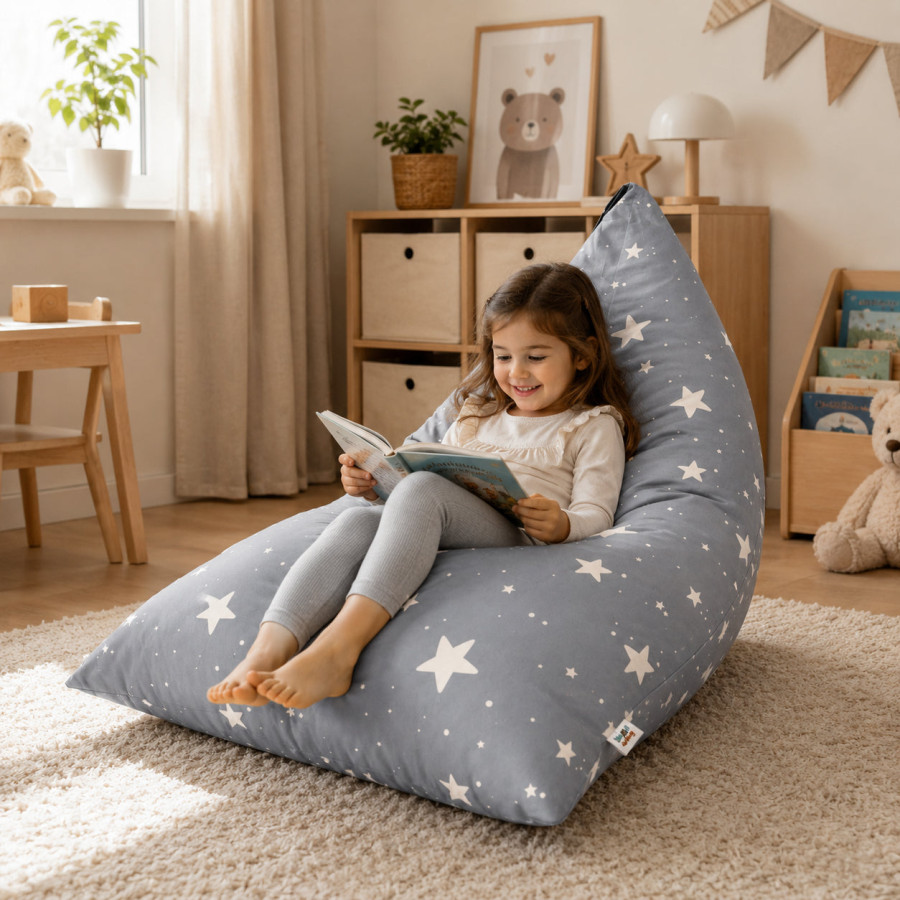 Детски пуф лежанка Little Stars сив барбарон със звезди от 100% памук 127x81x76 см