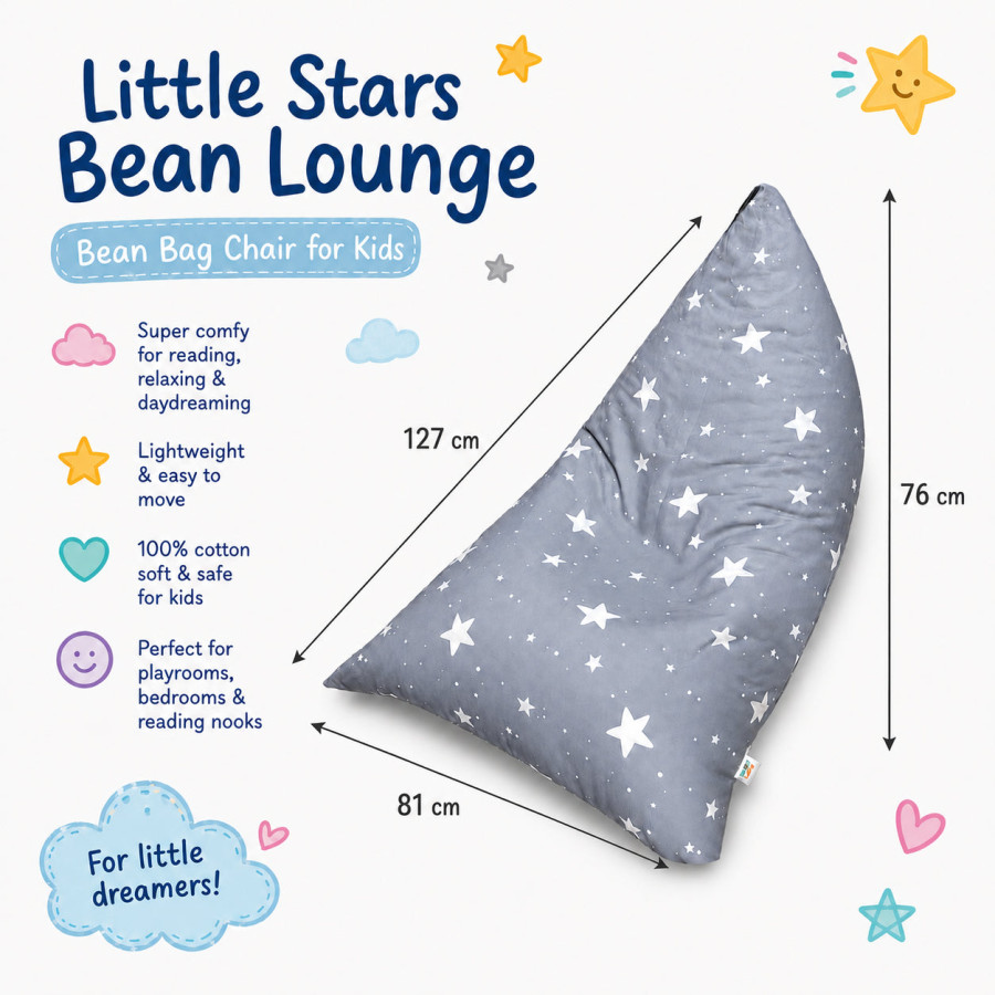 Детски пуф лежанка Little Stars сив барбарон със звезди от 100% памук 127x81x76 см