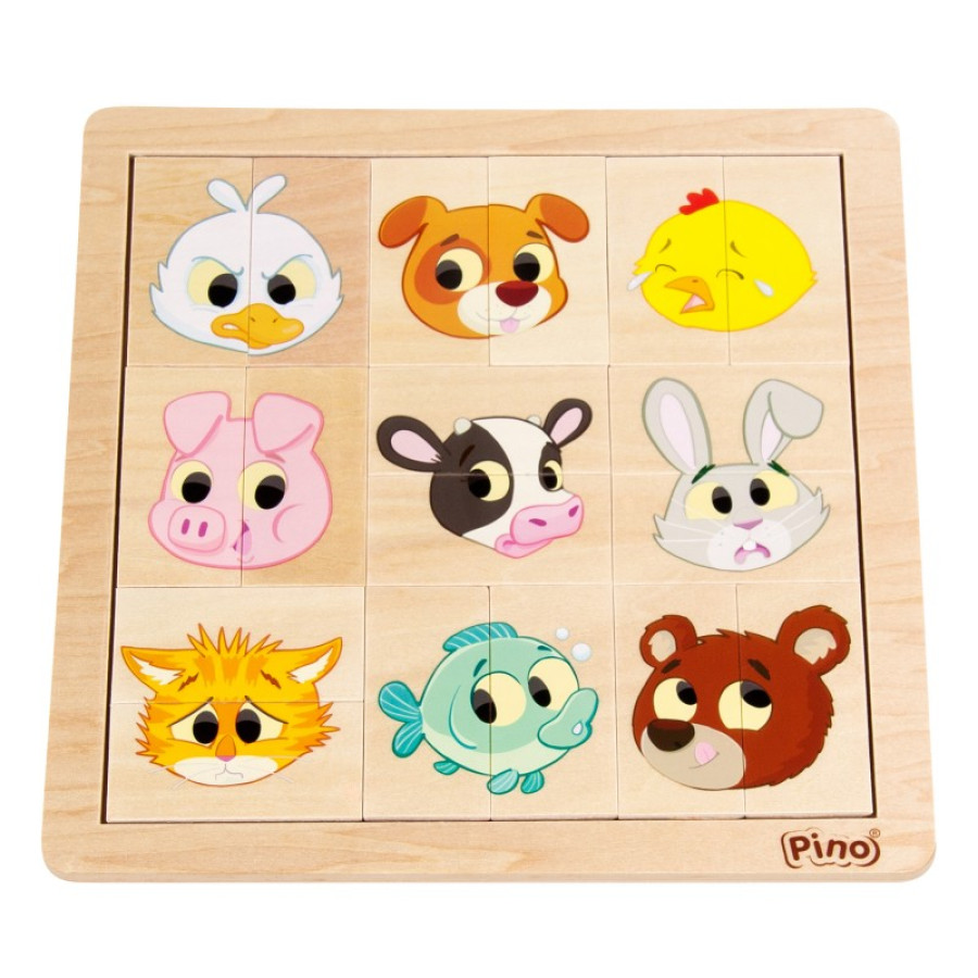 Дървенa игра Животни и емоции - 9 мини пъзела (2+ години)
