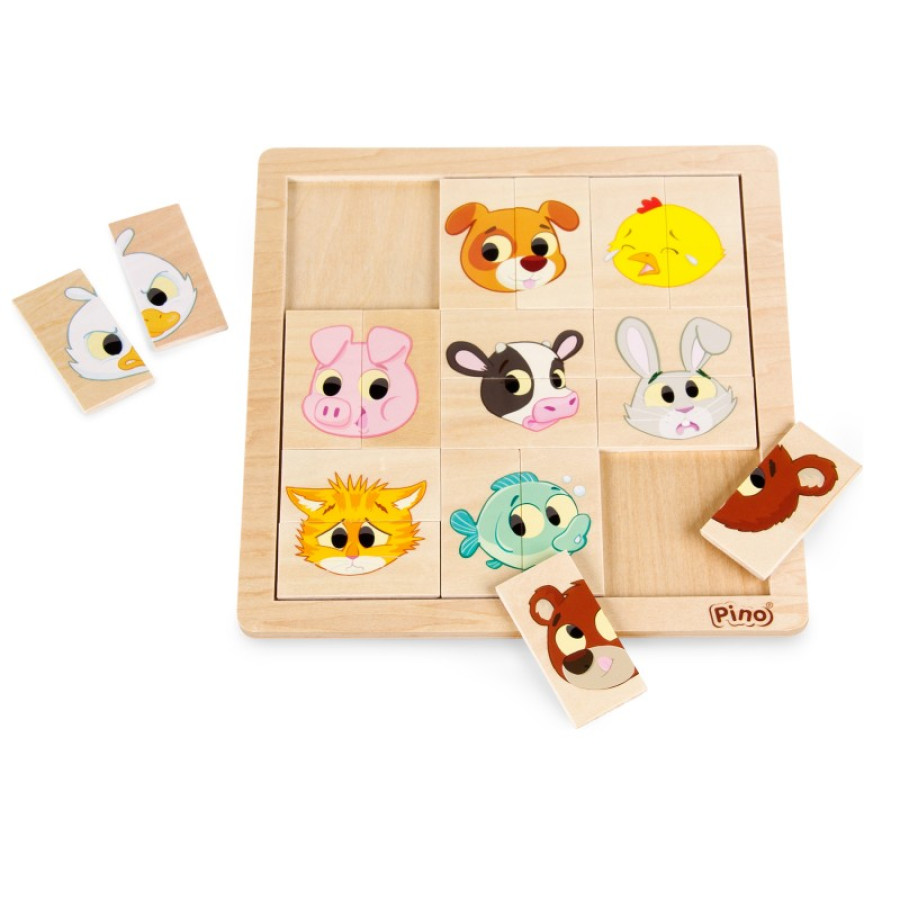 Дървенa игра Животни и емоции - 9 мини пъзела (2+ години)