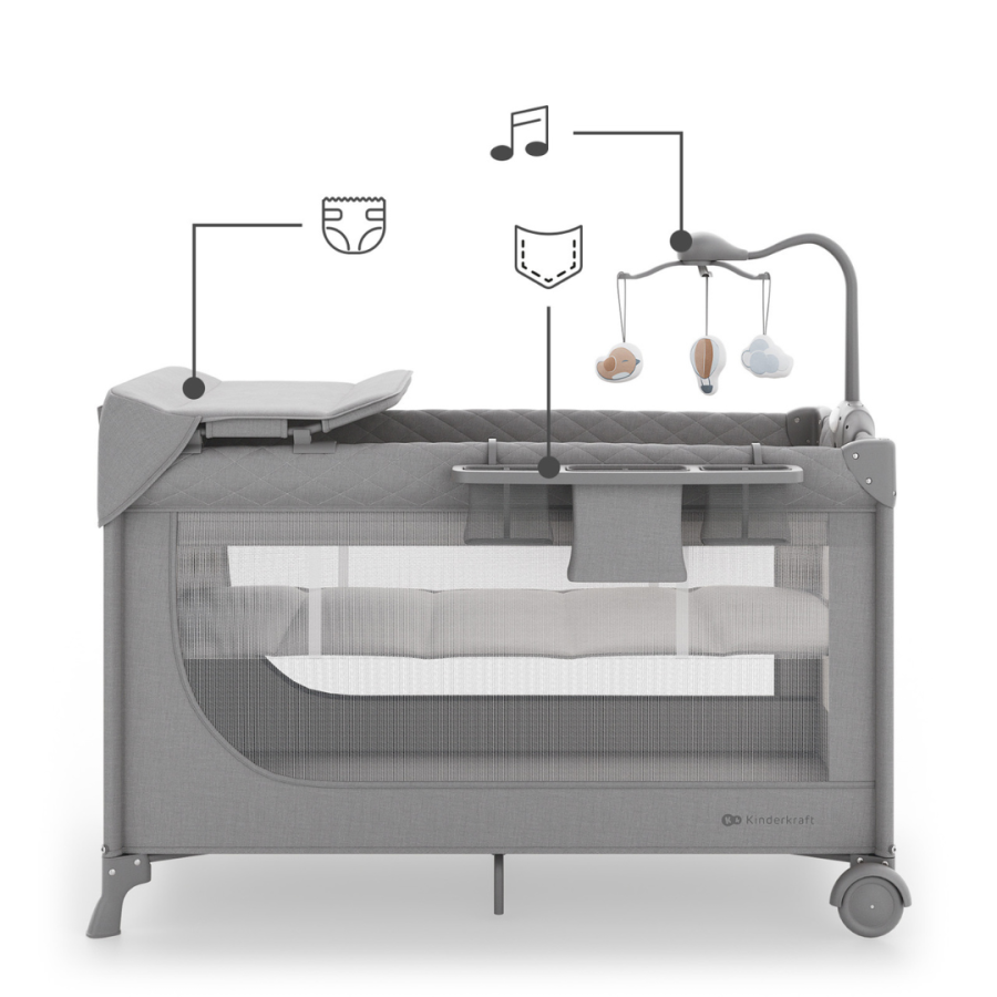 Сгъваема бебешка кошара с аксесоари Kinderkraft Leody Up Grey