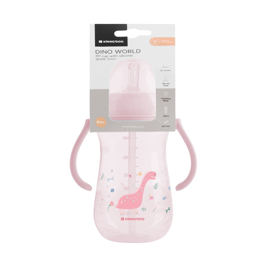 Чаша със силиконовa сламка 300мл Dino World Pink