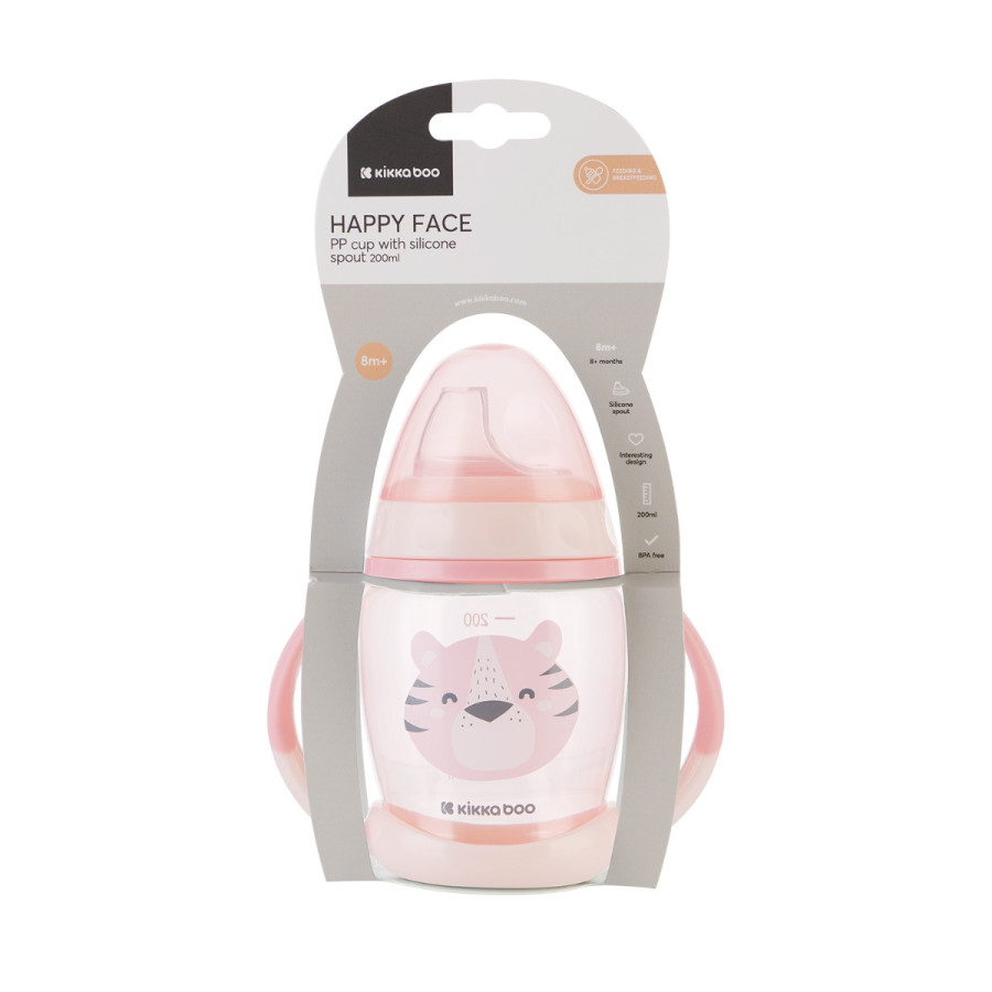 Чаша със силиконов накрайник 200мл Happy face Pink
